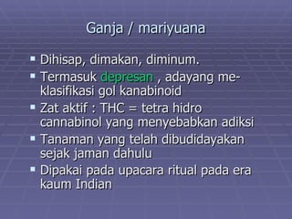 Ganja / mariyuana

 Dihisap, dimakan, diminum.
 Termasuk depresan , adayang me-
  klasifikasi gol kanabinoid
 Zat aktif : THC = tetra hidro
  cannabinol yang menyebabkan adiksi
 Tanaman yang telah dibudidayakan
  sejak jaman dahulu
 Dipakai pada upacara ritual pada era
  kaum Indian
 
