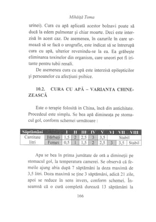 Mihái!á Toma
urinei). Cura cu apá aplicatá acestor bolnavi poate sá
ducá la edem pulmonar qi chiar moarte. Deci este inter-
zisá in acest caz. De asemenea, in cazurile in care ur-
meazá sá se facá o urografie, este indicat sá se intrerupá
cura cu apá, ulterior revenindu-se la ea. Ea grábeqte
eliminarea toxinelor din organism, care uneori pot fi iri-
tante penku tubii renali.
De asemenea cura cu apá este interzisá epilepticilor
gi persoanelor cu afecliuni psihice.
I0.2. CURA CU APÁ _ VARIANTA CHINE.
ZEASCÁ
Este o terapie folositá in China, incá din antichitate.
Procedeul este simplu. Se bea apá dimineala pe stoma-
cul gol, conform schemei urmátoare :
Apa se bea in prima jumátate de orá a diminelii pe
stomacul gol, la temperatura camerei. Se observá cá fe-
meile ajung abia dupá 7 sáptámáni la doza maximá de
3,5 litri. Doza maximá se line 3 sáptámáni, adicá ZL zlle,
apoi se reduce in sens invers, conform schemei. in-
seamná cá o curá completá dureazá 13 sáptámáni la
166
 