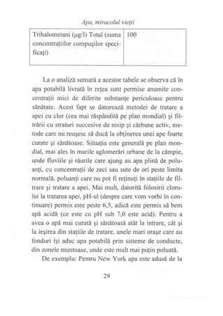Apa, miracolul vielii
Trihalometani (pgll) Total (suma
concentrafiilor compu¡ilor speci-
ficafi)
100
La o analizá sumará a acestor tabele se observa cá in
apa potabilá liwatá in relea sunt permise anumite con-
centralii mici de diferite substanfe periculoase pentru
sánátate. Acest fapt se datoreazá metodei de tratare a
apei cu clor (cea mai ráspánditá pe plan mondial) qi fil-
trárii cu straturi succesive de nisip qi cárbune activ, me-
tode care nu reusesc sá ducá la oblinerea unei ape foarte
curate qi sánátoase. Situafia este generalá pe plan mon-
dial, mai ales in marile aglomerári urbane de la cámpie,
unde fluviile gi ráurile care ajung au apa pliná de polu-
anfi, cu concentrafii de zeci sau sute de ori peste limita
normalá, poluanfi care nu pot fi relinuti in stafiile de fil-
trare gi tratare a apei. Mai mult, datoritá folosirii cloru-
lui la tratarea apei, pH-ul (despre care vom vorbi in con-
tinuare) permis este peste 6,5, adicá este permis sá bem
apá acidá (ce este cu pH sub 7,0 este acid). Pentru a
avea o apá mai curatá gi sánátoasá atát la intrare, cát qi
la ieqirea din stafiile de tratare, unele mari oraqe care au
fonduri igi aduc apa potabilá prin sisteme de conducte,
din zonele muntoase, unde este mult mai pulin poluatá.
De exemplu: Pentru New York apa este adusá de la
29
 