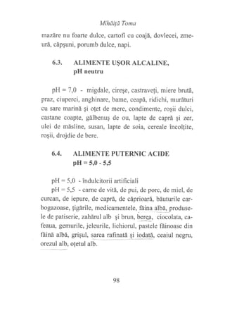 Miháüá Toma
mazáre nu foarte dulce, cartofi cu coajá, dovlecei, zme-
urá, cápquni, porumb dulce, napi.
6.3. ALIMENTE U§OR ALCALINE,
pH neutru
pH = 7,0 - migdale, cire¡e, castraveli, miere brutá,
praz, ciuperci, anghinare, bame, ceapá, ridichi, muráturi
cu sare mariná qi olet de mere, condimente, rogii dulci,
castane coapte, gálbenug de ou, lapte de caprá gi zer,
ulei de másline, susan, lapte de soia, cereale incolfite,
rogii, drojdie de bere.
6.4. ALIMENTE PUTERNIC ACIDE
pH=5r0-5r5
pH: 5,0 - ?ndulcitorii artificiali
pH: 5,5 - carne de vitá, de pui, de porc, de miel, de
eurcan, de iepure, de caprá, de cáprioará, báuturile car-
bogazoase, figárile, medicamentele,_fáina albá, produse-
le de patiserie, zaháruIalb qi brun, b-gpe, ciocolata, ca-
feaua, gemurile, jeleurile, lichiorul, pastele fáinoase din
ñiná albá, grigul, E_r:u-ry!l1?- Si io,{q14, ceaiul negru,
orezul alb, ofetul alb.
98
 