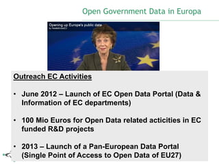 Open Government Data in Europa




Outreach EC Activities
20. 10. 2011, OGD Camp 2011 Warsaw - http://blogs.ec.europa.eu/neelie-kroes/tag/open-data/
• June 2012 – Launch of EC Open Data Portal (Data &
I’ve said before that I’m a big fan of open data. Opening up public data will get citizens involved
     Information of EC departments)
in society and political life, increase the transparency of public administration, and improve public
decision making. Those benefits cannot be overestimated. And public data can be used in many
unexpected ways, too: as the father of the Internet, Tim Berners-Lee, put it: “if people put data onto
• 100 Mio Euros for Open Data related acticities in EC
the web… it will be used by other people to do wonderful things in ways that they never would have
imagined”.
  funded R&D projects
There’s a huge amount of money here, and a huge amount of opportunity. I want to see Europe
at the forefront of this development. So I’m going to be taking action to open up Europe’s public
• 2013 – Launch of a Pan-European Data Portal
sector, by promoting creative and innovative re-use of public data.

  (Single Point of Access to Open Data of EU27)                                                          10
 
