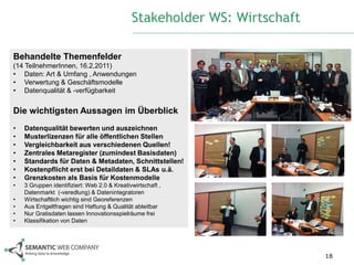 Stakeholder WS: Wirtschaft

Behandelte Themenfelder
(14 TeilnehmerInnen, 16.2.2011)
• Daten: Art & Umfang , Anwendungen
• Verwertung & Geschäftsmodelle
• Datenqualität & -verfügbarkeit


Die wichtigsten Aussagen im Überblick
•   Datenqualität bewerten und auszeichnen
•   Musterlizenzen für alle öffentlichen Stellen
•   Vergleichbarkeit aus verschiedenen Quellen!
•   Zentrales Metaregister (zumindest Basisdaten)
•   Standards für Daten & Metadaten, Schnittstellen!
•   Kostenpflicht erst bei Detaildaten & SLAs u.ä.
•   Grenzkosten als Basis für Kostenmodelle
•   3 Gruppen identifiziert: Web 2.0 & Kreativwirtschaft ,
    Datenmarkt (-veredlung) & Datenintegratoren
•   Wirtschaftlich wichtig sind Georeferenzen
•   Aus Entgeltfragen sind Haftung & Qualität ableitbar
•   Nur Gratisdaten lassen Innovationsspielräume frei
•   Klassifikation von Daten




                                                                           18
 