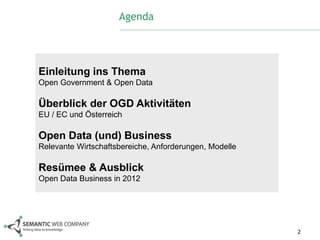 Agenda




Einleitung ins Thema
Open Government & Open Data

Überblick der OGD Aktivitäten
EU / EC und Österreich

Open Data (und) Business
Relevante Wirtschaftsbereiche, Anforderungen, Modelle

Resümee & Ausblick
Open Data Business in 2012




                                                        2
 