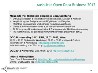 Ausblick: Open Data Business 2012

Neue EU PSI Richtlinie derzeit in Begutachtung
•   Öffnung von Daten & Information von Bibliotheken, Museen & Archiven
•   Verpflichtung der Freigabe anstatt Möglichkeit zur Freigabe
•   Pflicht für eine nationale unabhängige Regulierungsbehörde
•   Daten- & Informationsbestände auch in maschinenlesbarer Form
•   Einführung des Grenzkostenprinzips & Transparenz der Gebührenfestsetzung
•   PSI Richtlinie neu als zentrales Instrument der Open Data Politik der EC

OGD BusinessDay 2012, RTR, 22.03. 2012, Wien
15.00 – 16.30 Stakeholder Workshop | 17.00 – 20.30 Vorträge & Podium
Informationen & Anmeldung: http://ogdb.eventbrite.com/
Infos / Anmeldung zum Workshop: ogd@semantic-web.at

OGD2012 Konferenz, Linz, 19.06. 2012, http://www.ogd2012.at

Infos & Mailinglisten:
Open Data & Business (EN): http://lists.okfn.org/mailman/listinfo/ogd-business
OKFO / OGD Austria (DE): http://opendata.at/okfo


                                                                                 24
 