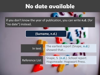The earliest report (Snape, n.d.)
showed that…
(Surname, n.d.)
No date available
If you don’t know the year of publication, you can write n.d. (for
“no date”) instead.
In text:
Reference List:
Snape, S. (n.d.). School report.
Hogsmeade: Hogswart Press.
 