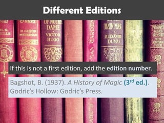 If this is not a first edition, add the edition number.
Different Editions
Bagshot, B. (1937). A History of Magic (3rd ed.).
Godric’s Hollow: Godric’s Press.
 