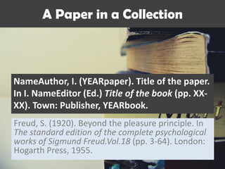 A Paper in a Collection
NameAuthor, I. (YEARpaper). Title of the paper.
In I. NameEditor (Ed.) Title of the book (pp. XX-
XX). Town: Publisher, YEARbook.
Freud, S. (1920). Beyond the pleasure principle. In
The standard edition of the complete psychological
works of Sigmund Freud.Vol.18 (pp. 3-64). London:
Hogarth Press, 1955.
 