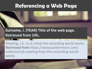 Surname, I. (YEAR) Title of the web page.
Retrieved from URL.
Referencing a Web Page
Rowling, J.K. (n.d.) How the wizarding world works.
Retrieved from https://www.pottermore.com/
collection/jk-rowling-how-the-wizarding-world-
works
 