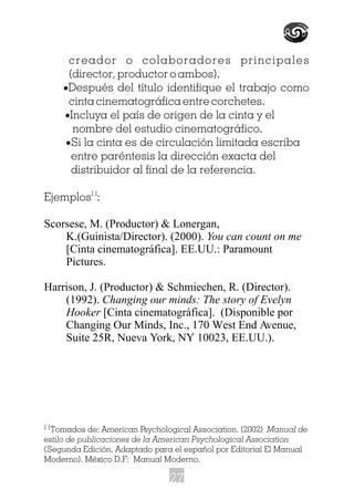 creador o colaboradores principales
(director, productor o ambos).
·Después del título identifique el trabajo como
cinta cinematográfica entre corchetes.
·Incluya el país de origen de la cinta y el
nombre del estudio cinematográfico.
·Si la cinta es de circulación limitada escriba
entre paréntesis la dirección exacta del
distribuidor al final de la referencia.
Ejemplos :
Scorsese, M. (Productor) & Lonergan,
K.(Guinista/Director). (2000). You can count on me
[Cinta cinematográfica]. EE.UU.: Paramount
Pictures.
Harrison, J. (Productor) & Schmiechen, R. (Director).
(1992). Changing our minds: The story of Evelyn
Hooker [Cinta cinematográfica]. (Disponible por
Changing Our Minds, Inc., 170 West End Avenue,
Suite 25R, Nueva York, NY 10023, EE.UU.).
11
Tomados de: American Psychological Association. (2002) Manual de
estilo de publicaciones de la American Psychological Association
(Segunda Edición. Adaptado para el español por Editorial El Manual
Moderno). México D.F: Manual Moderno.
11
27
 