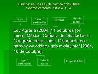 Ejemplo de una Ley de México consultada electrónicamente, estilo A. P. A. Ley Agraria (2004, 11 octubre). [en línea]. México: Cámara de Diputados H. Congreso de la Unión. Disponible en: http://www.cddhcu.gob.mx/leyinfo/ [2004, 18 de octubre].  Título Fecha de publicación Tipo de medio Lugar de publicación Fecha de acceso Disponibilidad Editorial 