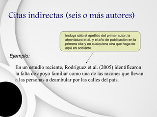 Citas indirectas (seis o más autores)

                         Incluya sólo el apellido del primer autor, la
                         abreviatura et al. y el año de publicación en la
                         primera cita y en cualquiera otra que haga de
                         aquí en adelante.

Ejemplo:

  En un estudio reciente, Rodríguez et al. (2005) identificaron
  la falta de apoyo familiar como una de las razones que llevan
  a las personas a deambular por las calles del país.
 