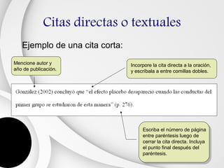 Citas directas o textuales
   Ejemplo de una cita corta:
Mencione autor y                Incorpore la cita directa a la oración,
año de publicación.             y escríbala a entre comillas dobles.




                                     Escriba el número de página
                                     entre paréntesis luego de
                                     cerrar la cita directa. Incluya
                                     el punto final después del
                                     paréntesis.
 