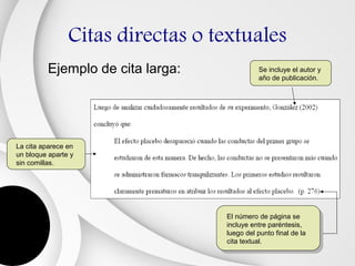 Citas directas o textuales
         Ejemplo de cita larga:             Se incluye el autor y
                                            año de publicación.




La cita aparece en
un bloque aparte y
sin comillas.




                                  El número de página se
                                  incluye entre paréntesis,
                                  luego del punto final de la
                                  cita textual.
 