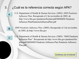 3.       ¿Cuál es la referencia correcta según APA?
          U.S. Department of Health & Human Services. (2005). HHS Pandemic
     A
               Influenza Plan. Recuperado el 2 de noviembre de 2005, de
               http://www.hhs.gov/pandemicflu/plan/pdf/HHSHHS Pandemic
               Influenza PlanPandemicInfluenzaPlan.pdf

           HHS Pandemic Influenza Plan. (2005). Recuperado el 2 de noviembre
     B
             de 2005, de http://www.hhs.gov

          U.S. Department of Health & Human Services. (2005). “HHS Pandemic
     C         Influenza Plan”. Recuperado de http://www.hhs.gov/pandemicflu/
               plan/pdf/HHSHHS Pandemic Influenza Plan Pandemic Influenza
               Plan.pdf



                                                    Continua con el tutorial
 