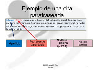 Ejemplo de una cita
parafraseada
©2013, Ángel A. Ríos
Reyes 17
Llamas (2005) indicó que la función del trabajador social debe ser la de
ayudar a las personas a buscar alternativas a sus problemas y se debe evitar
a toda costa establecer juicios valorativos sobre las personas a las que se le
brinda servicio .
No lleva
comillasApellido
Fecha entre
paréntesis
No lleva
página
(p. 214)
 