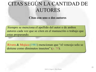 CITAS SEGÚN LA CANTIDAD DE
AUTORES
Citas con uno o dos autores
©2013, Ángel A. Ríos Reyes
20
 