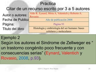 Práctica
Citar de un recurso escrito por 3 a 5 autores
Autor o autores:
Fecha de Publicación
Página:
Titulo del libro
©2013, Ángel A. Ríos Reyes 25
Ejemplo 2
Según los autores el Sindrome de Zellweger es “
un trastorno congénito poco frecuente y con
consecuencias serias” (Eynard, Valentich y
Rovasio, 2008, p.93).
Histología y embriología del ser humano: bases
celulares y moleculares
Año de publicación 2008
Aldo R. Eynard, Mirta A, Valentich y Roberto A.
Rovasio.
Página 93
 
