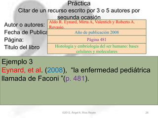 Práctica
Citar de un recurso escrito por 3 o 5 autores por
segunda ocasión
Autor o autores:
Fecha de Publicación
Página:
Titulo del libro
©2012, Ángel A. Ríos Reyes 26
Ejemplo 3
Eynard, et al. (2008), “la enfermedad pediátrica
llamada de Faconi ”(p. 481).
Histología y embriología del ser humano: bases
celulares y moleculares
Año de publicación 2008
Aldo R. Eynard, Mirta A, Valentich y Roberto A.
Rovasio.
Página 481
 