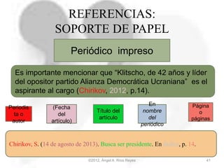 ©2012, Ángel A. Ríos Reyes 41
REFERENCIAS:
SOPORTE DE PAPEL
Periódico impreso
Periodis
ta o
autor
(Fecha
del
artículo)
En
nombre
del
periódico
Chirikov, S. (14 de agosto de 2013). Busca ser presidente. En Índice, p. 14.
Es importante mencionar que “Klitscho, de 42 años y líder
del opositor partido Alianza Democrática Ucraniana” es el
aspirante al cargo (Chirikov, 2012, p.14).
Título del
artículo
Página
o
páginas
 