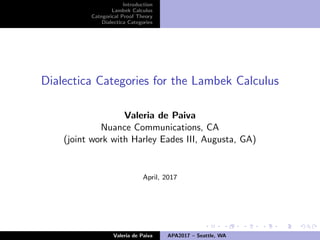 Introduction
Lambek Calculus
Categorical Proof Theory
Dialectica Categories
Dialectica Categories for the Lambek Calculus
Valeria de Paiva
Nuance Communications, CA
(joint work with Harley Eades III, Augusta, GA)
April, 2017
Valeria de Paiva APA2017 – Seattle, WA
 