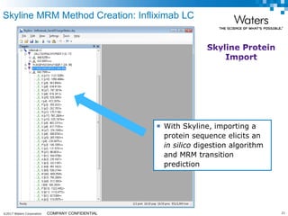 ©2017 Waters Corporation 21COMPANY CONFIDENTIAL
Skyline MRM Method Creation: Infliximab LC
 With Skyline, importing a
protein sequence elicits an
in silico digestion algorithm
and MRM transition
prediction
 