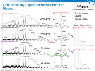 ©2017 Waters Corporation 3COMPANY CONFIDENTIAL
Humira Linear
Range:
25-500 mg/mL
m/z
2100 2200 2300 2400 2500 2600 2700 2800 2900 3000 3100 3200 3300 3400
%
0
100
m/z
2100 2200 2300 2400 2500 2600 2700 2800 2900 3000 3100 3200 3300 3400
%
0
100
m/z
2100 2200 2300 2400 2500 2600 2700 2800 2900 3000 3100 3200 3300 3400
%
0
100
m/z
2100 2200 2300 2400 2500 2600 2700 2800 2900 3000 3100 3200 3300 3400
%
0
100
5132015 Blank Rat Plasma_250pt0 ugmL 151 (2.947) 1: TOF MS ES+
2.00e52743.07842693.2227
2645.1912
2598.7388
2554.0410
2468.8767
2428.4585
2314.6531
2211.0151
2794.7969
2848.5042
2904.3540
2907.5510
2965.6665
3022.9172
3085.7578
3154.8474 3223.6106
3370.1011
5132015 Blank Rat Plasma_100pt0 ugmL 150 (2.930) 1: TOF MS ES+
1.30e52794.82502743.0637
2693.2292
2645.1558
2598.7661
2554.0063
2510.7832
2428.46562314.6995
2244.6521
2848.5764
2904.3823
2962.4216
3022.9009
3026.2302
3089.1956
3154.9912
3291.5718
5132015 Blank Rat Plasma_50pt0 ugmL 150 (2.930) 1: TOF MS ES+
8.57e42794.81862743.0356
2645.1282
2598.7595
2553.9998
2510.6736
2428.4788
2314.6135
2200.6035
2848.5479
2904.3762
2907.5068
2965.6443
3022.8723
3026.9216
3155.0083
5132015 Blank Rat Plasma_25pt0 ugmL 151 (2.947) 1: TOF MS ES+
4.26e42743.04222693.2717
2645.1138
2598.8704
2554.0063
2468.8838
2351.42552314.69952204.6226
2848.5107
2904.3823
2962.5107
3022.8560
3026.2751
3089.1726
m/z
2720 2740 2760
%
0
100
m/z
2720 2740 2760
%0
100
m/z
2720 2740 2760
%
0
100
m/z
2720 2740 2760
%
0
100
5132015 Blank Rat Plasma_250pt0 ugmL 151 (2.947)
2.00e52743.0784
2739.3311
2716.3662
2746.1213
2748.4795
5132015 Blank Rat Plasma_100pt0 ugmL 150 (2.930)
1.25e52743.0637
2738.9309
2737.7749
2746.0850
2749.1294
2750.7810
5132015 Blank Rat Plasma_50pt0 ugmL 150 (2.930)
8.44e42743.0356
2740.7654
2737.8540
2746.0999
2748.3723
2749.6160
2751.4180
5132015 Blank Rat Plasma_25pt0 ugmL 151 (2.947)
4.26e42743.0422
2742.1853
2716.8633
2746.1492
2748.8291
2749.8157
250 mg/mL
100 mg/mL
50 mg/mL
25 mg/mL
Generic Affinity Capture of Humira from Rat
Plasma
mass
148000 148250 148500 148750
%
0
100
5132015 Humira 50 ugmL_3 147 (2.879) 1: TOF MS ES+
5.49e5148078.0000
148221.0000
148363.0000
148510.0000
mass
148000 148250 148500 148750
%
0
100
5132015 Humira 100 ugmL_4 151 (2.947) 1: TOF MS ES+
7.53e5148078.0000
148222.0000
148370.0000
148529.0000
Deconvoluted Spectra
 