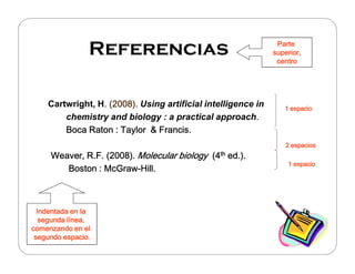 Parte
                Referencias                                   superior,
                                                               centro




    Cartwright, H. (2008). Using artificial intelligence in
                 .                                               1 espacio
        chemistry and biology : a practical approach.    .
        Boca Raton : Taylor & Francis.
                                                                  2 espacios
     Weaver, R.F. (2008). Molecular biology (4th ed.).
                                                                  1 espacio
                 McGraw-
        Boston : McGraw-Hill.



  Indentada en la
   segunda línea,
comenzando en el
 segundo espacio.
 