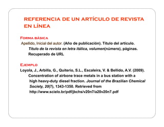 referencia de un artículo de revista
  en línea
Forma básica
Apellido, Inicial del autor. (Año de publicación). Título del artículo.
    Título de la revista en letra itálica, volumen(número), páginas.
    Recuperado de URL

Ejemplo
Loyola, J., Arbilla, G., Quiterio, S.L., Escaleira, V. & Bellido, A.V. (2009).
    Concentration of airbone trace metals in a bus station with a
    high heavy-duty diesel fraction. Journal of the Brazilian Chemical
    Society, 20(7), 1343-1350. Retrieved from
    http://www.scielo.br/pdf/jbchs/v20n7/a20v20n7.pdf
 