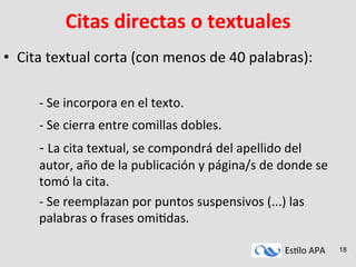 Es#lo	
  APA	
   18
Citas	
  directas	
  o	
  textuales	
  
•  Cita	
  textual	
  corta	
  (con	
  menos	
  de	
  40	
  palabras):	
  
	
  
	
   	
  -­‐	
  Se	
  incorpora	
  en	
  el	
  texto.	
  
	
   	
  -­‐	
  Se	
  cierra	
  entre	
  comillas	
  dobles.	
  
	
   	
  -­‐	
  La	
  cita	
  textual,	
  se	
  compondrá	
  del	
  apellido	
  del	
  
	
  autor,	
  año	
  de	
  la	
  publicación	
  y	
  página/s	
  de	
  donde	
  se	
  
	
  tomó	
  la	
  cita.	
  	
  
	
   	
  -­‐	
  Se	
  reemplazan	
  por	
  puntos	
  suspensivos	
  (...)	
  las	
  
	
  palabras	
  o	
  frases	
  omi#das.	
  	
  
 