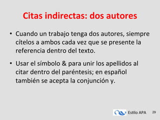Es#lo	
  APA	
   29
Citas	
  indirectas:	
  dos	
  autores	
  
•  Cuando	
  un	
  trabajo	
  tenga	
  dos	
  autores,	
  siempre	
  
cítelos	
  a	
  ambos	
  cada	
  vez	
  que	
  se	
  presente	
  la	
  
referencia	
  dentro	
  del	
  texto.	
  
•  Usar	
  el	
  símbolo	
  &	
  para	
  unir	
  los	
  apellidos	
  al	
  
citar	
  dentro	
  del	
  paréntesis;	
  en	
  español	
  
también	
  se	
  acepta	
  la	
  conjunción	
  y.	
  
 