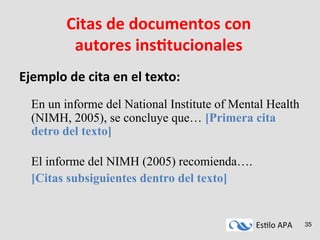 Es#lo	
  APA	
   35
Citas	
  de	
  documentos	
  con	
  
autores	
  insAtucionales	
  
Ejemplo	
  de	
  cita	
  en	
  el	
  texto:	
  
	
  
	
  	
  	
  	
  En un informe del National Institute of Mental Health
(NIMH, 2005), se concluye que… [Primera cita
detro del texto]
El informe del NIMH (2005) recomienda….
[Citas subsiguientes dentro del texto]
 