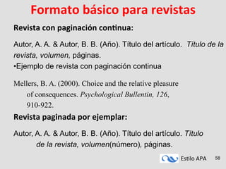 Es#lo	
  APA	
   58
Formato	
  básico	
  para	
  revistas	
  
Revista	
  con	
  paginación	
  conAnua:	
  
	
  
Autor, A. A. & Autor, B. B. (Año). Título del artículo. Título de la
revista, volumen, páginas.
• Ejemplo de revista con paginación continua
Mellers, B. A. (2000). Choice and the relative pleasure
of consequences. Psychological Bullentin, 126,
910-922.
Revista	
  paginada	
  por	
  ejemplar:	
  
	
  
Autor, A. A. & Autor, B. B. (Año). Título del artículo. Título
de la revista, volumen(número), páginas.
 