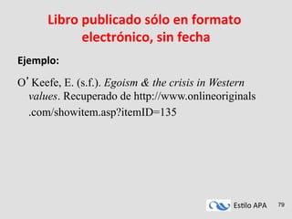 Es#lo	
  APA	
   79
Libro	
  publicado	
  sólo	
  en	
  formato	
  
electrónico,	
  sin	
  fecha	
  
Ejemplo:	
  
	
  
O Keefe, E. (s.f.). Egoism & the crisis in Western
values. Recuperado de http://www.onlineoriginals
.com/showitem.asp?itemID=135
 