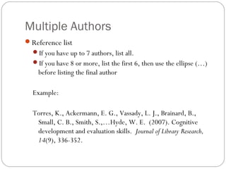Multiple Authors
Reference list
If you have up to 7 authors, list all.
If you have 8 or more, list the first 6, then use the ellipse (…)
before listing the final author
Example:
Torres, K., Ackermann, E. G., Vassady, L. J., Brainard, B.,
Small, C. B., Smith, S.,…Hyde, W. E. (2007). Cognitive
development and evaluation skills. Journal of Library Research,
14(9), 336-352.
 