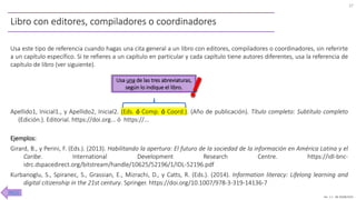 Ver. 1.1 JM 30/08/2020
Libro con editores, compiladores o coordinadores
Usa este tipo de referencia cuando hagas una cita general a un libro con editores, compiladores o coordinadores, sin referirte
a un capítulo específico. Si te refieres a un capítulo en particular y cada capítulo tiene autores diferentes, usa la referencia de
capítulo de libro (ver siguiente).
Apellido1, Inicial1., y Apellido2, Inicial2. (Eds. ó Comp. ó Coord.). (Año de publicación). Título completo: Subtítulo completo
(Edición.). Editorial. https://doi.org... ó https://...
Ejemplos:
Girard, B., y Perini, F. (Eds.). (2013). Habilitando la apertura: El futuro de la sociedad de la información en América Latina y el
Caribe. International Development Research Centre. https://idl-bnc-
idrc.dspacedirect.org/bitstream/handle/10625/52196/1/IDL-52196.pdf
Kurbanoglu, S., Spiranec, S., Grassian, E., Mizrachi, D., y Catts, R. (Eds.). (2014). Information literacy: Lifelong learning and
digital citizenship in the 21st century. Springer. https://doi.org/10.1007/978-3-319-14136-7
Usa una de las tres abreviaturas,
según lo indique el libro.
27
INICIO
 