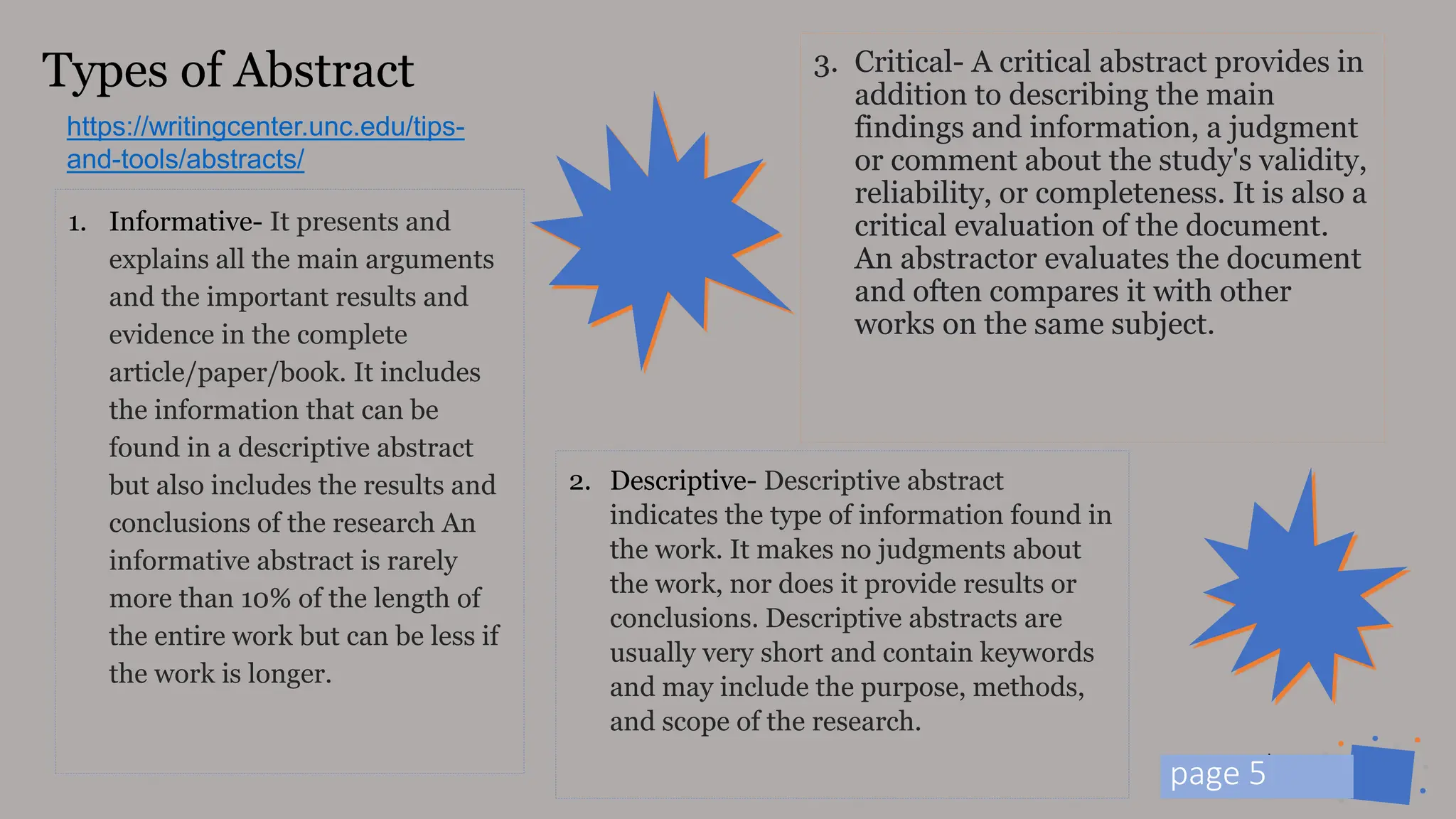 Jens
Martensson
1. Informative- It presents and
explains all the main arguments
and the important results and
evidence in the complete
article/paper/book. It includes
the information that can be
found in a descriptive abstract
but also includes the results and
conclusions of the research An
informative abstract is rarely
more than 10% of the length of
the entire work but can be less if
the work is longer.
3. Critical- A critical abstract provides in
addition to describing the main
findings and information, a judgment
or comment about the study's validity,
reliability, or completeness. It is also a
critical evaluation of the document.
An abstractor evaluates the document
and often compares it with other
works on the same subject.
Types of Abstract
2. Descriptive- Descriptive abstract
indicates the type of information found in
the work. It makes no judgments about
the work, nor does it provide results or
conclusions. Descriptive abstracts are
usually very short and contain keywords
and may include the purpose, methods,
and scope of the research.
p 5
page 5
https://writingcenter.unc.edu/tips-
and-tools/abstracts/
 