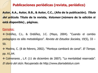 Publicaciones periódicas (revista, periódico) 
Autor, A.A., Autor, B.B., & Autor, C.C., (Año de la publicación). Título 
del artículo. Título de la revista, Volumen (número de la edición si 
está disponible) , páginas. 
Ejemplos: 
 Ordóñez, C.L. & Ordóñez, J.C. (Mayo, 2004). “Cuando el cambio 
pedagógico es sólo metodológico”. Revista de Estudios Sociales, 19(5), 33 – 
50. 
 Medina, C. (8 de febrero, 2002). “Montoya cambiará de canal”. El Tiempo. 
pp. A1,A4. 
 Colmenares , L.F. (11 de diciembre de 2007). “La mentalidad reservada”. 
El diario del otún. Recuperado de http://www.diariodelotun.com 
 