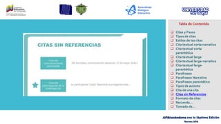 APAsionándome con la Séptima Edición
Normas APA
Tabla de Contenido
❑ Citas y Pasos
❑ Tipos de citas
❑ Estilos de las citas
❑ Cita textual corta narrativa
❑ Cita textual corta
parentética
❑ Cita textual larga
❑ Cita textual larga-narrativa
❑ Cita textual larga-
parentética
❑ Parafraseo
❑ Parafraseo Narrativo
❑ Parafraseo parentético
❑ Tipos de autores
❑ Cita de una cita
❑ Citas sin Referencias
❑ Formato de citas
❑ Recuerda…
❑ Tomado de…
 