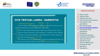 APAsionándome con la Séptima Edición
Normas APA
Tabla de Contenido
❑ Citas y Pasos
❑ Tipos de citas
❑ Estilos de las citas
❑ Cita textual corta narrativa
❑ Cita textual corta
parentética
❑ Cita textual larga
❑ Cita textual larga-narrativa
❑ Cita textual larga-
parentética
❑ Parafraseo
❑ Parafraseo Narrativo
❑ Parafraseo parentético
❑ Tipos de autores
❑ Cita de una cita
❑ Citas sin Referencias
❑ Formato de citas
❑ Recuerda…
❑ Tomado de…
 