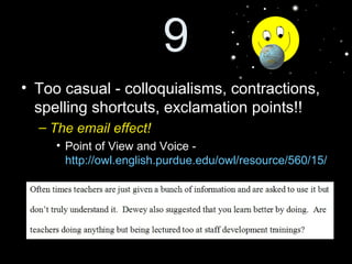 Paragraphs 2-4 (or 5): Body
• Describe the research conducted and the
technology or digital media being used.
• Select 3 key topics or ideas from this paper
• Provide a thorough analysis, synthesis, or summary
of each topic.
• You may wish to write a paragraph briefly
summarizing each topic.
– Remember that all quotations require a p. or para.
number.
– Limit your quotations to 2 short quotations for this brief
length of paper.
 