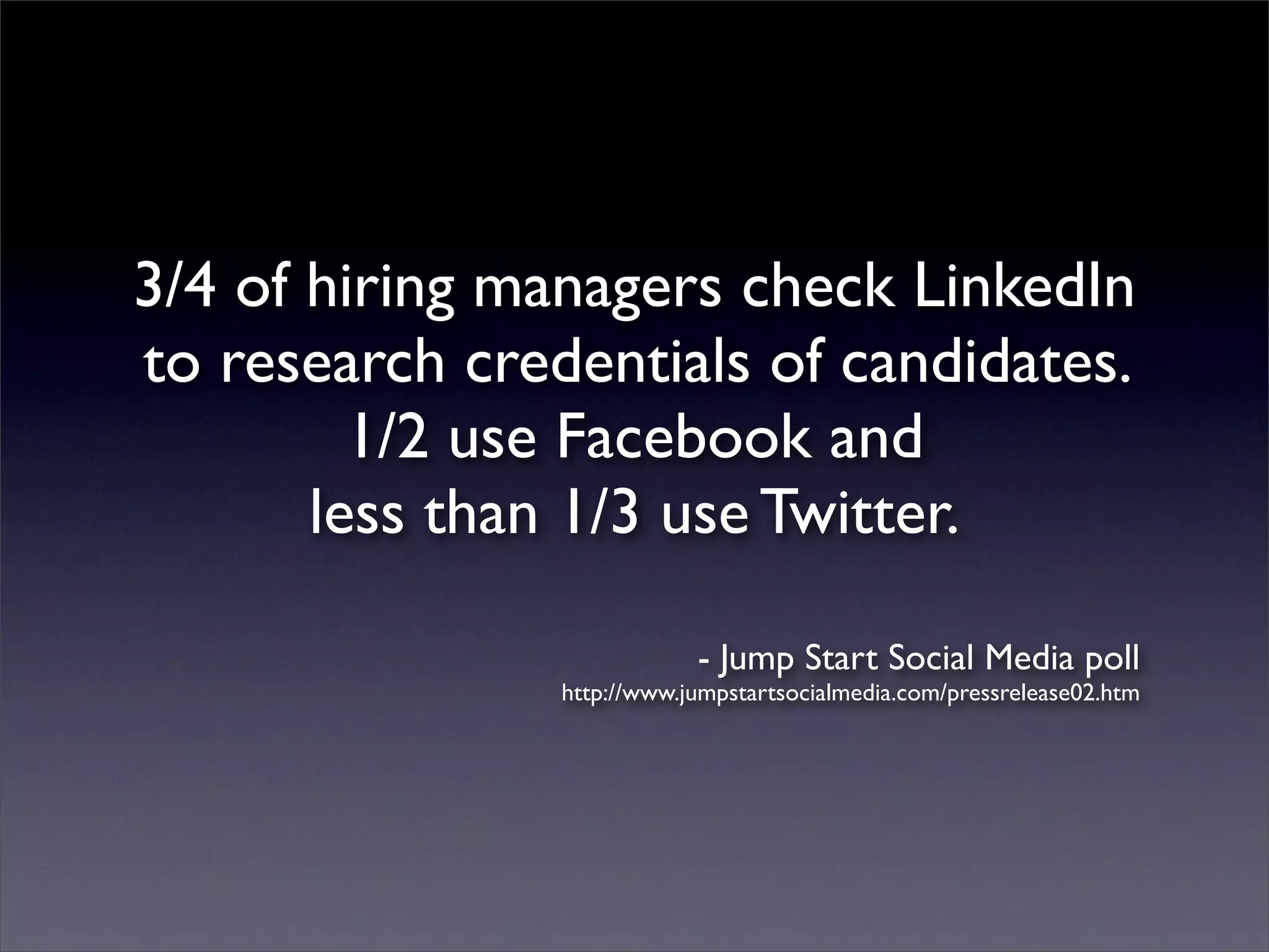 3/4 of hiring managers check LinkedIn
to research credentials of candidates.
         1/2 use Facebook and
       less than 1/3 use Twitter.

                            - Jump Start Social Media poll
                http://www.jumpstartsocialmedia.com/pressrelease02.htm
 