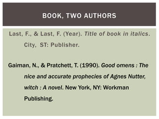 Last, F., & Last, F. (Year). Title of book in italics.
City, ST: Publisher.
BOOK, TWO AUTHORS
Gaiman, N., & Pratchett, T. ...