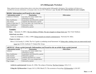 APA Bibliography Worksheet
Many students become confused about what to write down when putting together bibliographic information. This worksheet will help you to
assemble the necessary information, in the proper order, for your APA “References” page. See also APA Citation Handout for more examples.
BOOK: Information you’ll need to cite a book
Information needed Punctuation Fill in below
Author(s) or Editor(s) Last name, first initial, middle if any.
Followed by a period
Date of publication In parenthesis and followed by a period
Title of book Underline title followed by a period
Edition (if other than 1st
) Ed. if one editor. Eds. if more than one.
Place of publication Followed by a colon
Publisher’s name Followed by a period
Examples:
Book: Bernstein, N. (2001). The lost children of Wilder: The epic struggles to change foster care. New York: Pantheon.
Edited book, one editor:
Carter, K. & Spitzack, C. (Eds.). (1989). Doing research on women's communication. Norwood, NJ: Ablex.
Chapter in a book:
Bravo, E. & Cassedy, E. (1984). The 9 to 5 guide to combating sexual harassment. In Taking sides: clashing views on controversial social
issues (pp. 62-69). Guilford, CT: Duskin Pub. Group.
ARTICLE (from a print journal): Information you’ll need to cite an article from a print journal
Information needed Punctuation Fill in below
Author(s) Last name, first initial, middle if any.
Followed by a period
Date of publication In parenthesis and followed by a period
Title of article Followed by a period
Title of journal Underline and follow by a comma
Volume and issue no. Example: 15(3), (see example below)
Page or pages Followed by a period
Article in a print journal: Scruton, R. (1996). The eclipse of listening. The New Criterion, 15(3), 5-13.
Citing the CQ Researcher: Cooper, M. H. (1998, March 27). The economics of recycling. CQ Researcher, 8, 265-287.
More ------Æ
 