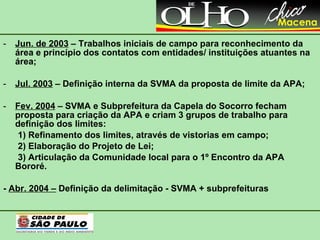 Jun. de 2003  – Trabalhos iniciais de campo para reconhecimento da área e princípio dos contatos com entidades/ instituições atuantes na área; Jul. 2003  – Definição interna da SVMA da proposta de limite da APA; Fev. 2004  – SVMA e Subprefeitura da Capela do Socorro fecham proposta para criação da APA e criam 3 grupos de trabalho para definição dos limites:  1) Refinamento dos limites, através de vistorias em campo;  2) Elaboração do Projeto de Lei; 3) Articulação da Comunidade local para o 1º Encontro da APA Bororé.  -  Abr. 2004 –  Definição da delimitação - SVMA + subprefeituras 
