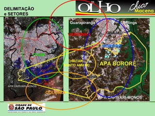 BORORÉ COLÔNIA ITAIM VARGINHA CHÁCARA SANTO AMARO DELIMITAÇÃO  e SETORES Parelheiros GRAJAÚ APA BORORÉ Guarapiranga Billings APA CAPIVARI-MONOS Centro Santo Amaro APA CAPIVARI-MONOS 