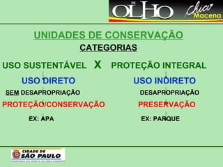 UNIDADES DE CONSERVAÇÃO CATEGORIAS USO SUSTENTÁVEL  X   PROTEÇÃO INTEGRAL USO DIRETO  USO INDIRETO SEM  DESAPROPRIAÇÃO  DESAPROPRIAÇÃO PROTEÇÃO/CONSERVAÇÃO  PRESERVAÇÃO EX: APA  EX: PARQUE 