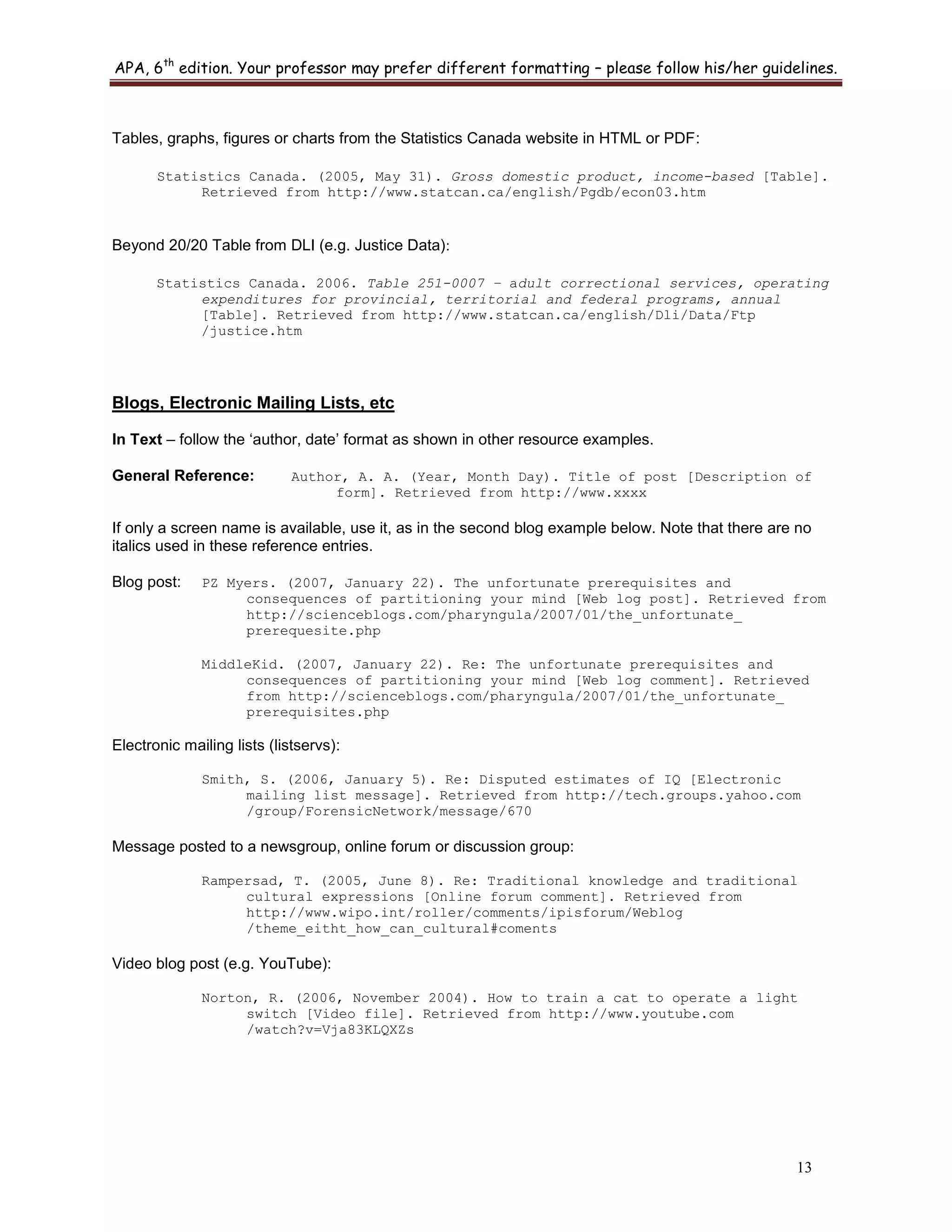 APA, 6th
edition. Your professor may prefer different formatting – please follow his/her guidelines.
13
Tables, graphs, figures or charts from the Statistics Canada website in HTML or PDF:
Statistics Canada. (2005, May 31). Gross domestic product, income-based [Table].
Retrieved from http://www.statcan.ca/english/Pgdb/econ03.htm
Beyond 20/20 Table from DLI (e.g. Justice Data):
Statistics Canada. 2006. Table 251-0007 – adult correctional services, operating
expenditures for provincial, territorial and federal programs, annual
[Table]. Retrieved from http://www.statcan.ca/english/Dli/Data/Ftp
/justice.htm
Blogs, Electronic Mailing Lists, etc
In Text – follow the „author, date‟ format as shown in other resource examples.
General Reference: Author, A. A. (Year, Month Day). Title of post [Description of
form]. Retrieved from http://www.xxxx
If only a screen name is available, use it, as in the second blog example below. Note that there are no
italics used in these reference entries.
Blog post: PZ Myers. (2007, January 22). The unfortunate prerequisites and
consequences of partitioning your mind [Web log post]. Retrieved from
http://scienceblogs.com/pharyngula/2007/01/the_unfortunate_
prerequesite.php
MiddleKid. (2007, January 22). Re: The unfortunate prerequisites and
consequences of partitioning your mind [Web log comment]. Retrieved
from http://scienceblogs.com/pharyngula/2007/01/the_unfortunate_
prerequisites.php
Electronic mailing lists (listservs):
Smith, S. (2006, January 5). Re: Disputed estimates of IQ [Electronic
mailing list message]. Retrieved from http://tech.groups.yahoo.com
/group/ForensicNetwork/message/670
Message posted to a newsgroup, online forum or discussion group:
Rampersad, T. (2005, June 8). Re: Traditional knowledge and traditional
cultural expressions [Online forum comment]. Retrieved from
http://www.wipo.int/roller/comments/ipisforum/Weblog
/theme_eitht_how_can_cultural#coments
Video blog post (e.g. YouTube):
Norton, R. (2006, November 2004). How to train a cat to operate a light
switch [Video file]. Retrieved from http://www.youtube.com
/watch?v=Vja83KLQXZs
 