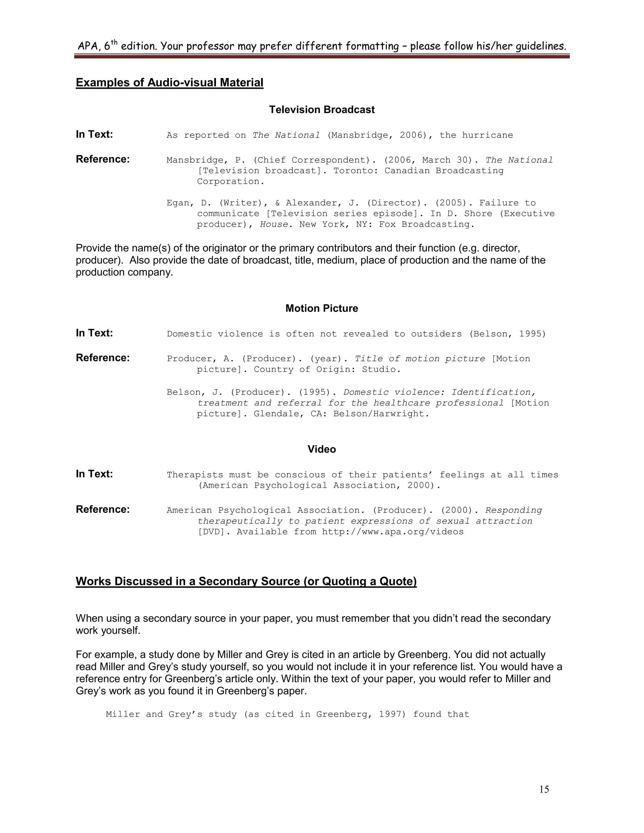 APA, 6th
edition. Your professor may prefer different formatting – please follow his/her guidelines.
15
Examples of Audio-visual Material
Television Broadcast
In Text: As reported on The National (Mansbridge, 2006), the hurricane
Reference: Mansbridge, P. (Chief Correspondent). (2006, March 30). The National
[Television broadcast]. Toronto: Canadian Broadcasting
Corporation.
Egan, D. (Writer), & Alexander, J. (Director). (2005). Failure to
communicate [Television series episode]. In D. Shore (Executive
producer), House. New York, NY: Fox Broadcasting.
Provide the name(s) of the originator or the primary contributors and their function (e.g. director,
producer). Also provide the date of broadcast, title, medium, place of production and the name of the
production company.
Motion Picture
In Text: Domestic violence is often not revealed to outsiders (Belson, 1995)
Reference: Producer, A. (Producer). (year). Title of motion picture [Motion
picture]. Country of Origin: Studio.
Belson, J. (Producer). (1995). Domestic violence: Identification,
treatment and referral for the healthcare professional [Motion
picture]. Glendale, CA: Belson/Harwright.
Video
In Text: Therapists must be conscious of their patients’ feelings at all times
(American Psychological Association, 2000).
Reference: American Psychological Association. (Producer). (2000). Responding
therapeutically to patient expressions of sexual attraction
[DVD]. Available from http://www.apa.org/videos
Works Discussed in a Secondary Source (or Quoting a Quote)
When using a secondary source in your paper, you must remember that you didn‟t read the secondary
work yourself.
For example, a study done by Miller and Grey is cited in an article by Greenberg. You did not actually
read Miller and Grey‟s study yourself, so you would not include it in your reference list. You would have a
reference entry for Greenberg‟s article only. Within the text of your paper, you would refer to Miller and
Grey‟s work as you found it in Greenberg‟s paper.
Miller and Grey’s study (as cited in Greenberg, 1997) found that
 