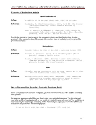 APA, 6th
edition. Your professor may prefer different formatting – please follow his/her guidelines.
15
Examples of Audio-visual Material
Television Broadcast
In Text: As reported on The National (Mansbridge, 2006), the hurricane
Reference: Mansbridge, P. (Chief Correspondent). (2006, March 30). The National
[Television broadcast]. Toronto: Canadian Broadcasting
Corporation.
Egan, D. (Writer), & Alexander, J. (Director). (2005). Failure to
communicate [Television series episode]. In D. Shore (Executive
producer), House. New York, NY: Fox Broadcasting.
Provide the name(s) of the originator or the primary contributors and their function (e.g. director,
producer). Also provide the date of broadcast, title, medium, place of production and the name of the
production company.
Motion Picture
In Text: Domestic violence is often not revealed to outsiders (Belson, 1995)
Reference: Producer, A. (Producer). (year). Title of motion picture [Motion
picture]. Country of Origin: Studio.
Belson, J. (Producer). (1995). Domestic violence: Identification,
treatment and referral for the healthcare professional [Motion
picture]. Glendale, CA: Belson/Harwright.
Video
In Text: Therapists must be conscious of their patients’ feelings at all times
(American Psychological Association, 2000).
Reference: American Psychological Association. (Producer). (2000). Responding
therapeutically to patient expressions of sexual attraction
[DVD]. Available from http://www.apa.org/videos
Works Discussed in a Secondary Source (or Quoting a Quote)
When using a secondary source in your paper, you must remember that you didn‟t read the secondary
work yourself.
For example, a study done by Miller and Grey is cited in an article by Greenberg. You did not actually
read Miller and Grey‟s study yourself, so you would not include it in your reference list. You would have a
reference entry for Greenberg‟s article only. Within the text of your paper, you would refer to Miller and
Grey‟s work as you found it in Greenberg‟s paper.
Miller and Grey’s study (as cited in Greenberg, 1997) found that
 