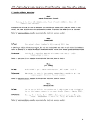 APA, 6th
edition. Your professor may prefer different formatting – please follow his/her guidelines.
4
Examples of Print Materials:
Book
(general reference format)
Author, A. A. (Year of publication). Title of work: Subtitle. Place of
publication: Publisher.
Elements that must be included in reference list citations are: author name (use only initials for first
name), title, date of publication and publisher information. The title of the book should be italicised.
Note: for electronic books, see the example in the electronic sources section.
Book
(no author)
In Text: The spinal column (Dorland’s Illustrated, 2000) has
If referring to a book, brochure or report, the first few words of the title in the in text citation should be in
italics. If referring to an article or chapter, the first few words should be in double quotes and capitalized.
Reference: Dorland’s illustrated medical dictionary (29th ed.). (2000).
Philadelphia: Saunders.
Note: for electronic books, see the example in the electronic sources section.
Book
(one author)
In Text: Plagiarism is quite often unintentional (Ballenger, 2007) as
Reference: Ballenger, B. (2007). The curious researcher: A guide to writing
research papers. Toronto: Pearson Longman.
Note: for electronic books, see the example in the electronic sources section.
Book
(two authors)
In Text: In the United States, the occupation of registered nurse is expected
to see the largest growth in the next decade (Cherry & Jacob, 2005).
Reference: Cherry, B., & Jacob, S. R. (2005). Contemporary nursing: Issues,
trends, & management (3rd
ed.). St. Louis, MO: Elsevier Mosby.
Note: for electronic books, see the example in the electronic sources section.
 